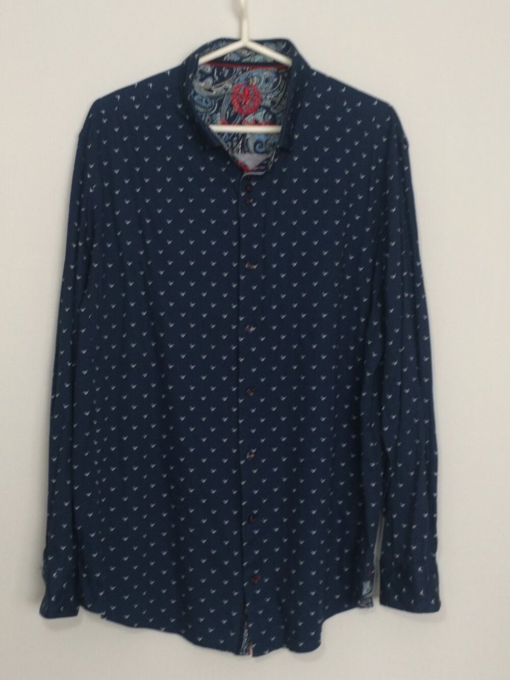 Au Noir Mens Button Down Sz 6 (2XL) Blue White Bird Pattern Mercerised Cotton
